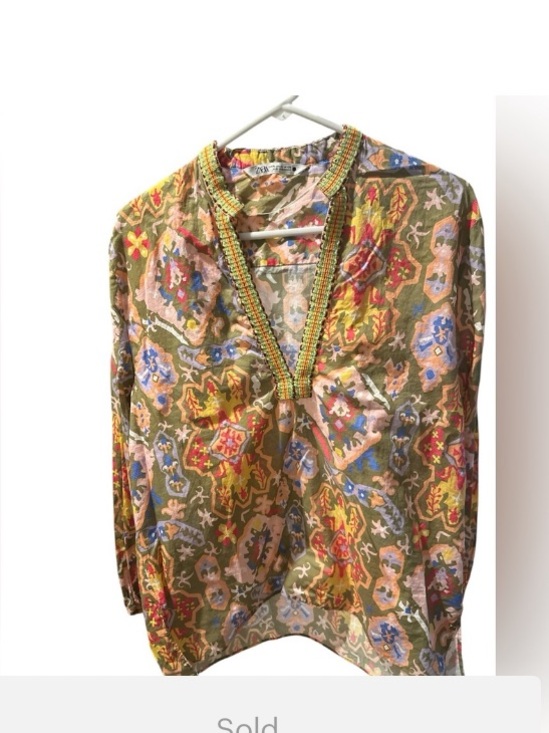 Zara Tops - Zara Multicolor Printed Button-Down Tunic - Olive, Blue, Red, Yellow